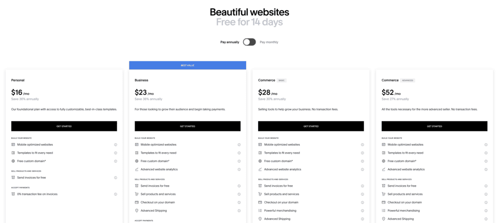 Squarespace pricing page